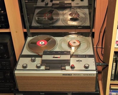 Royal´ all transistor tape recorder, c 1958-1965. Reel to reel tape recorder,  model IM-105, with microphone and earphone made in Japan. - SuperStock